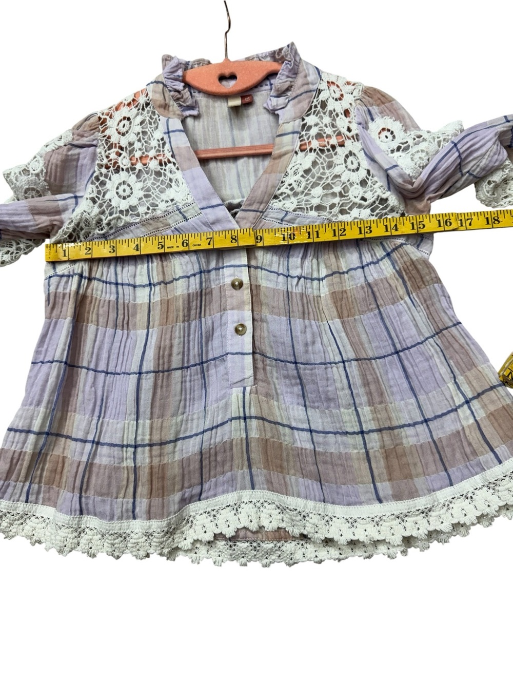 Light Purple Plaid Crochet Trim Button-Up Top - Picture 7 of 14